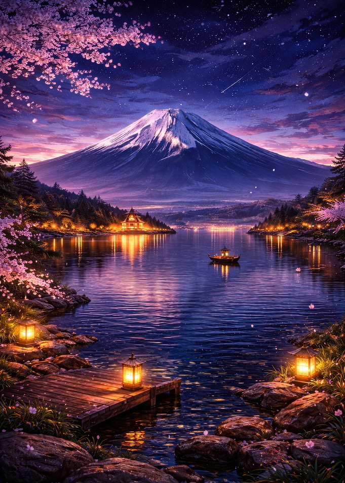 Mount Fuji at Night with Lanterns