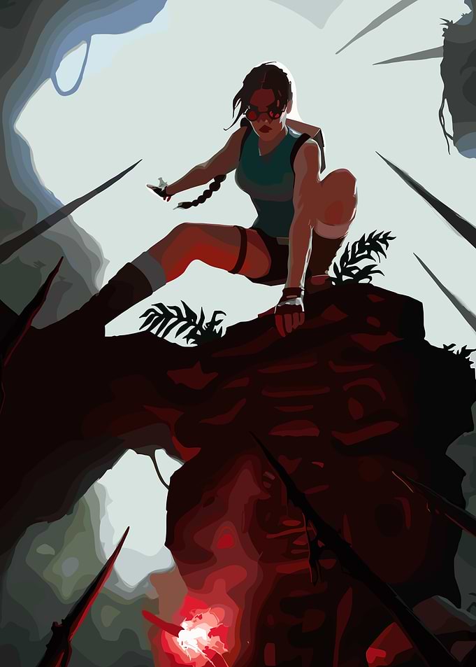 Lara Croft in a Perilous Cave