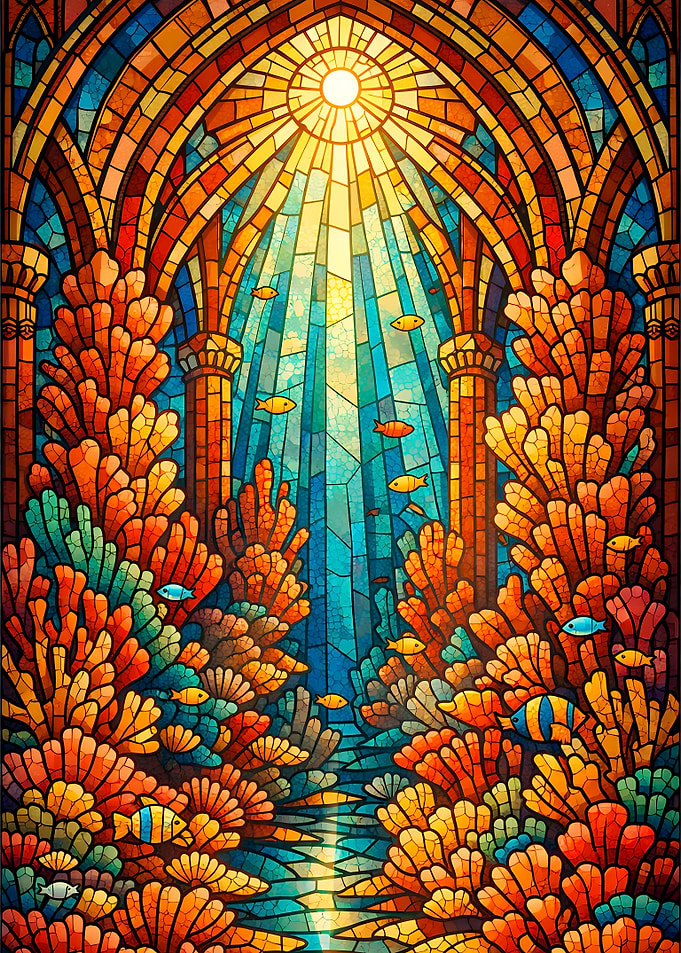 Stained Glass Underwater Scene with Fish