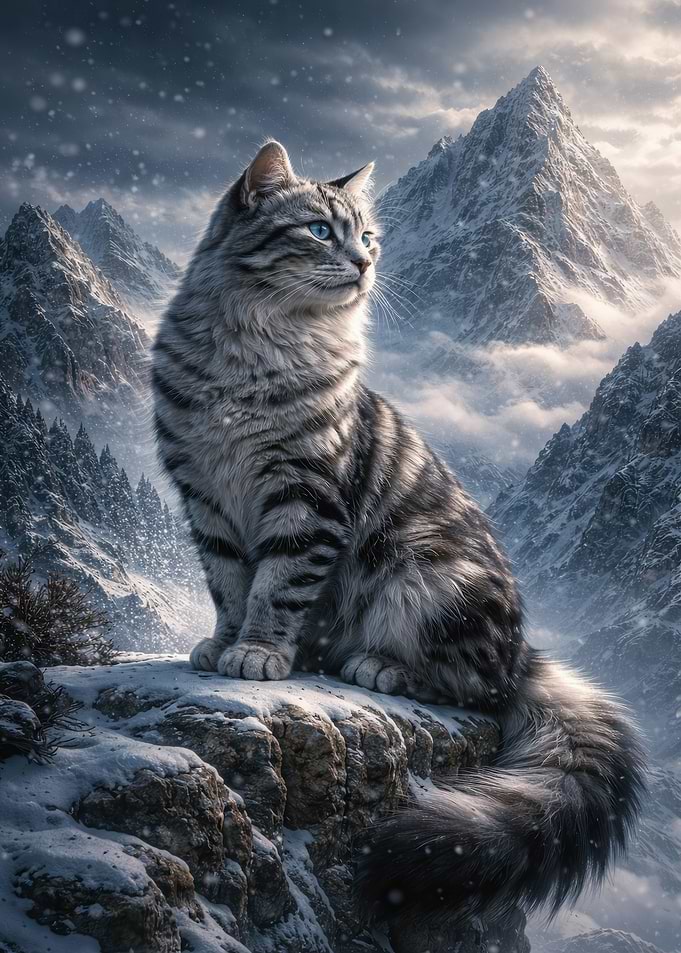 Cat in Snowy Mountain Landscape