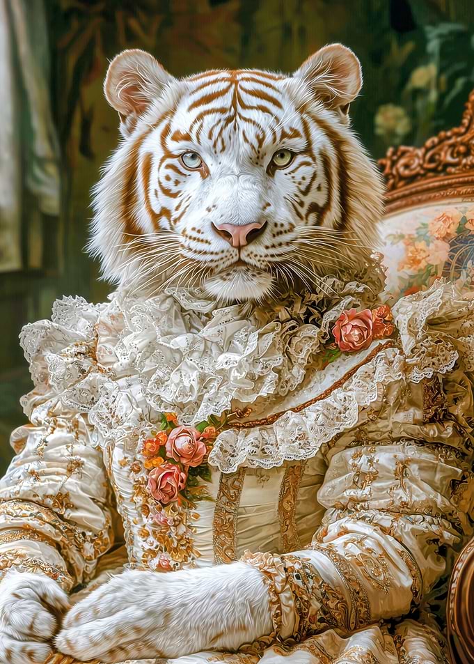 Regal White Tiger in Victorian Dress