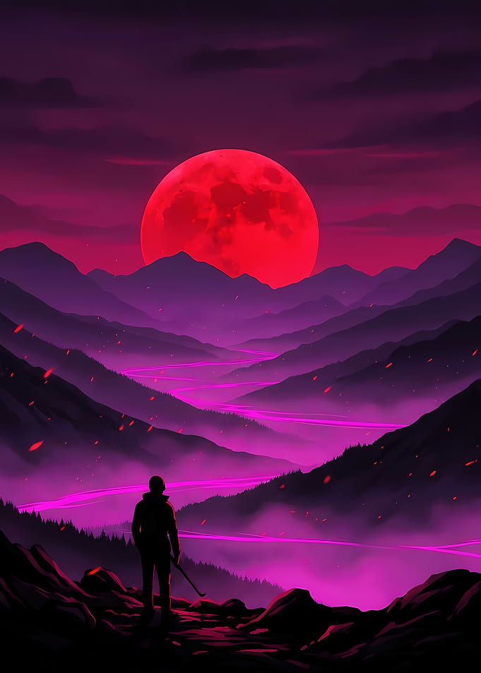 Red Moon Over Mountain Landscape