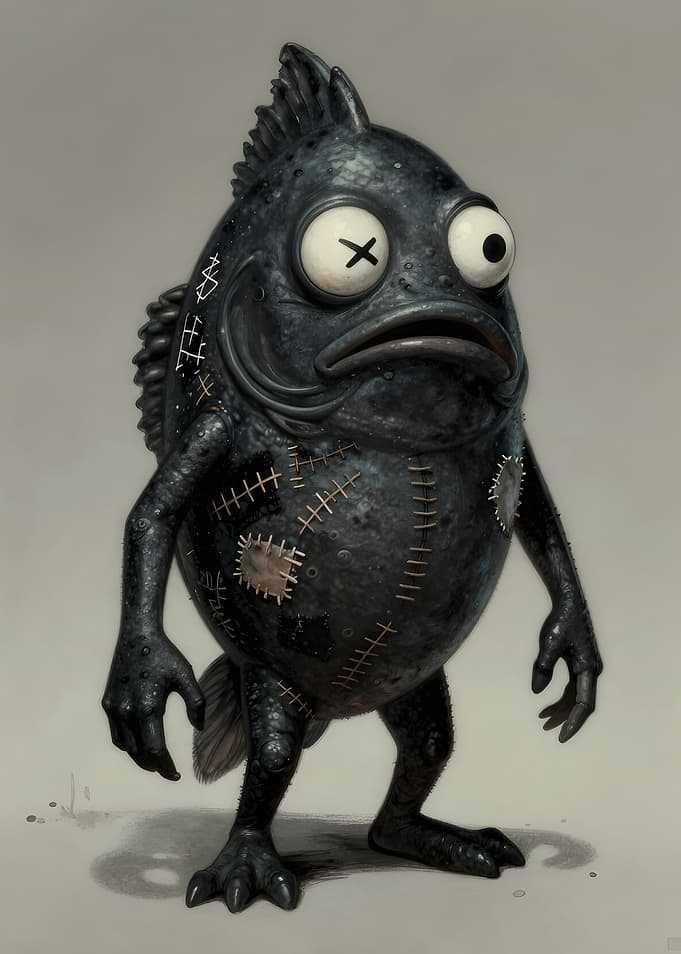 Anthropomorphic Fish Creature with Patches