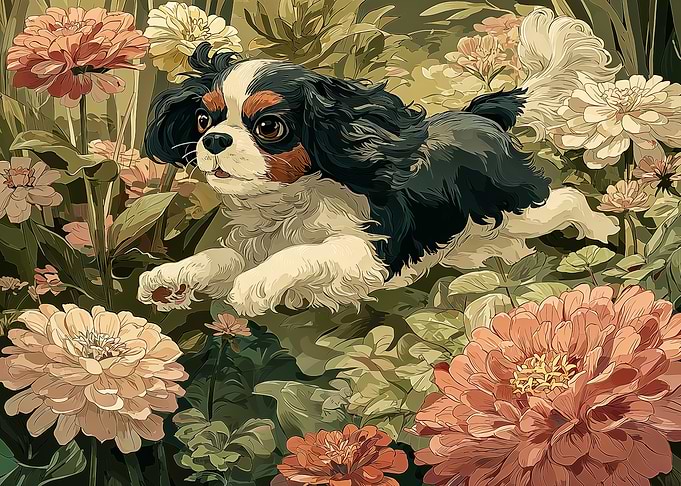 Cavalier King Charles Spaniel in Flowers