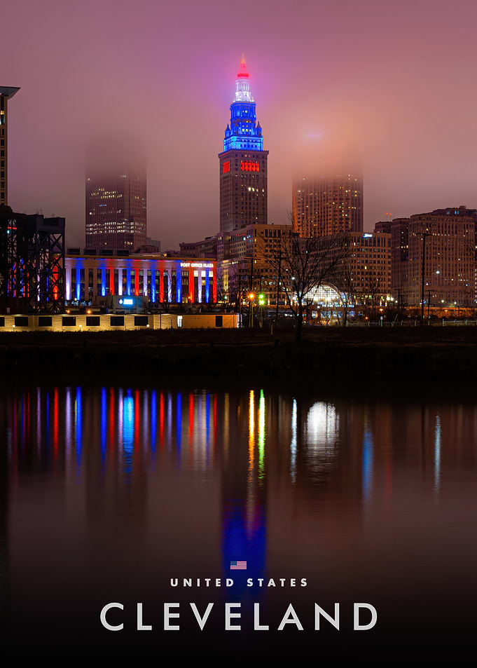 Cleveland Skyline at Night with Reflections
