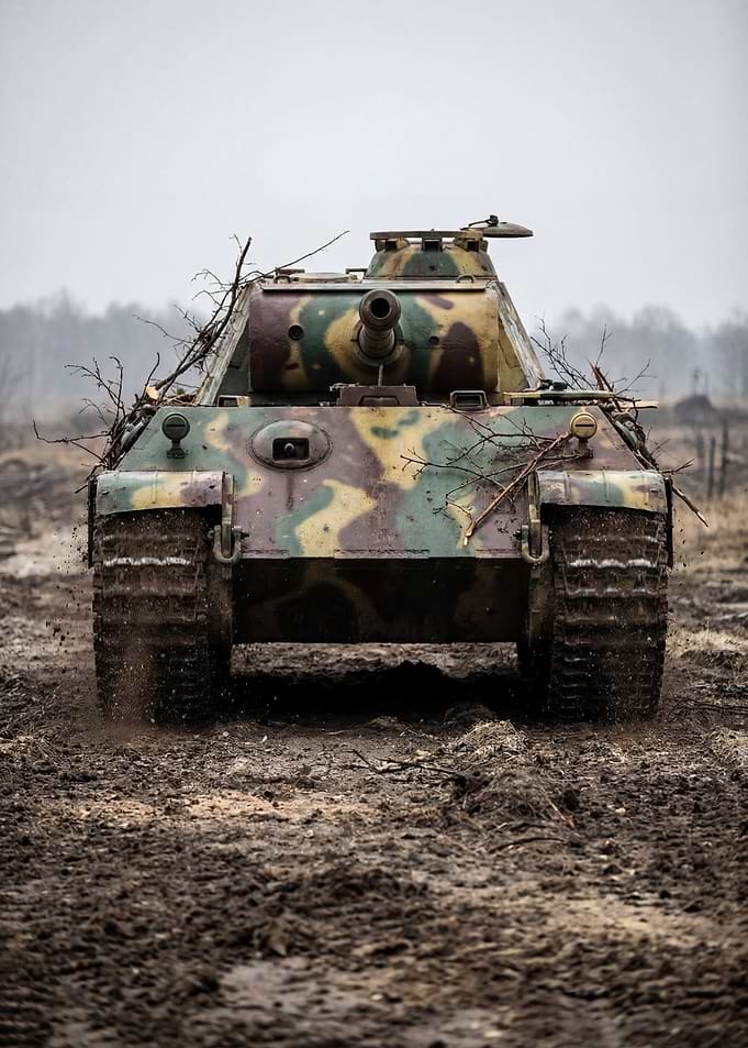 Camouflaged Tank in Muddy Field