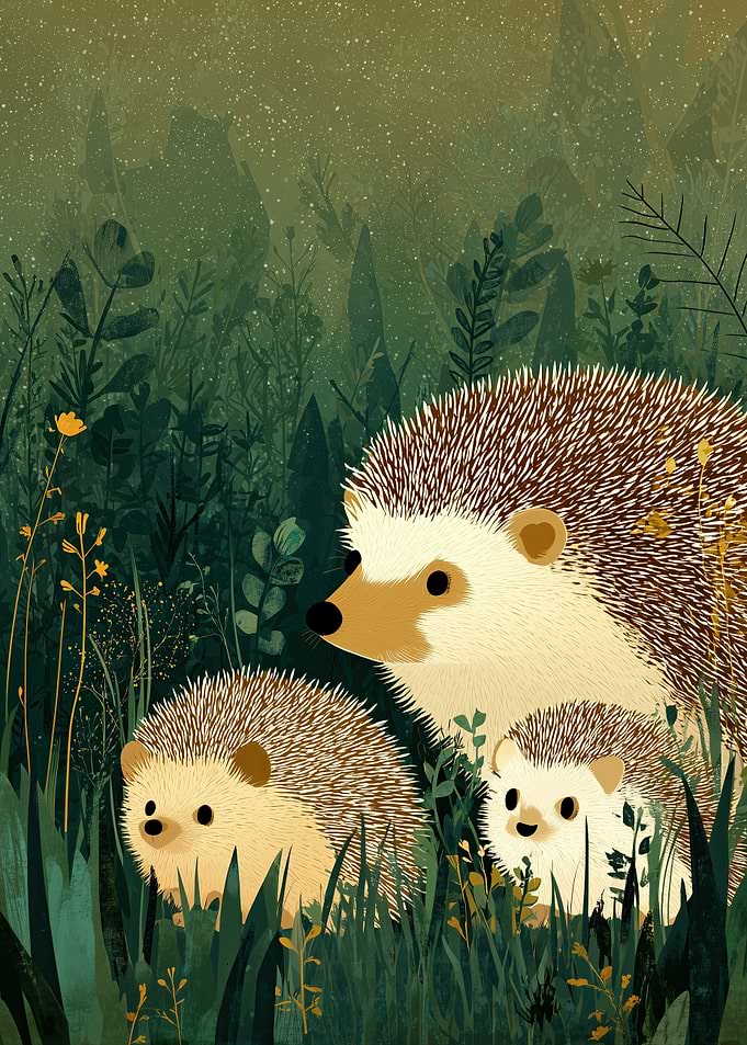 Cute Hedgehog Family in a Quiet Forest Illustration