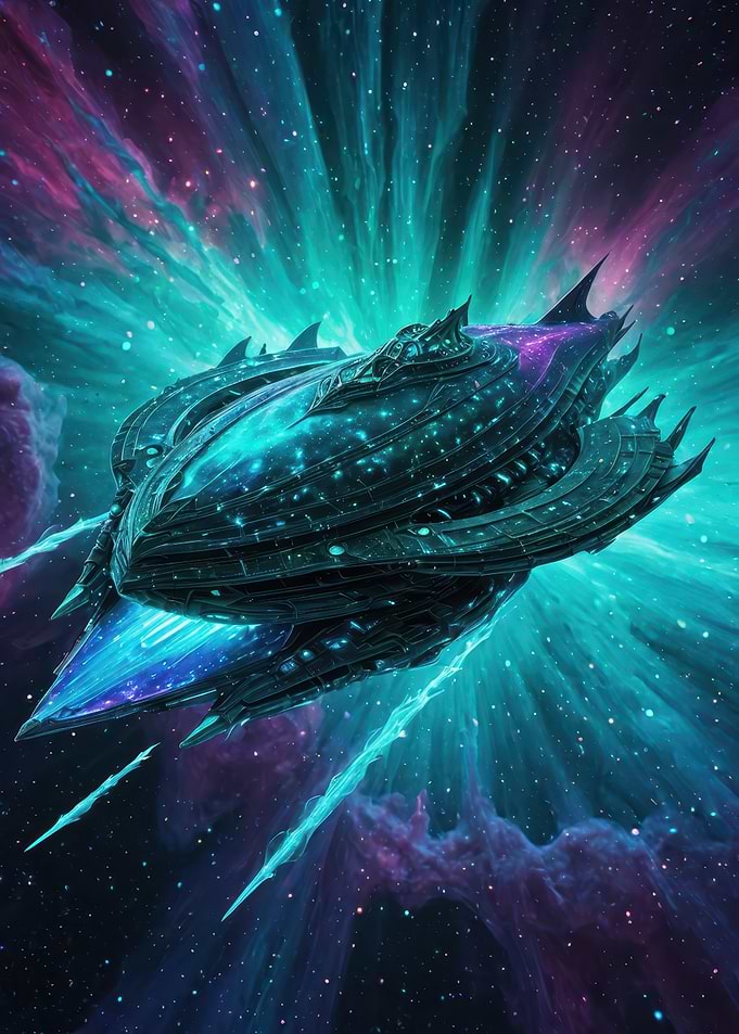 Ethereal Starship Over Teal Nebula — Futuristic Cosmic Spaceship Digital Art