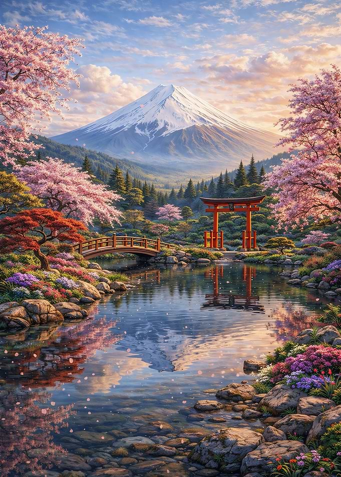 Mount Fuji rises gracefully above tranquil waters