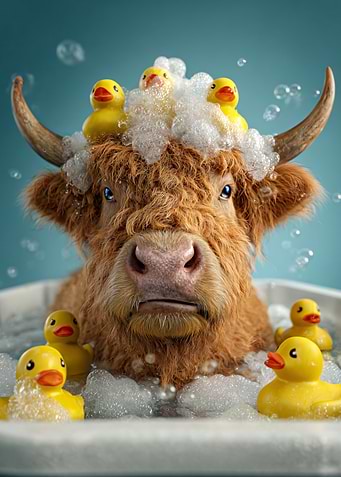 Highland Cow Bath Time with Ducks