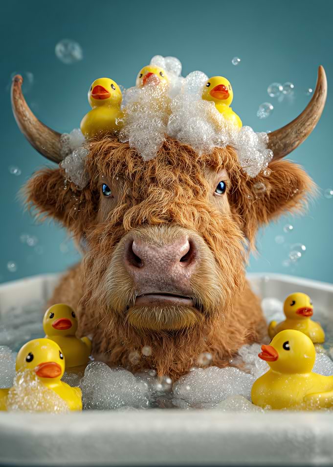 Highland Cow Bath Time with Ducks