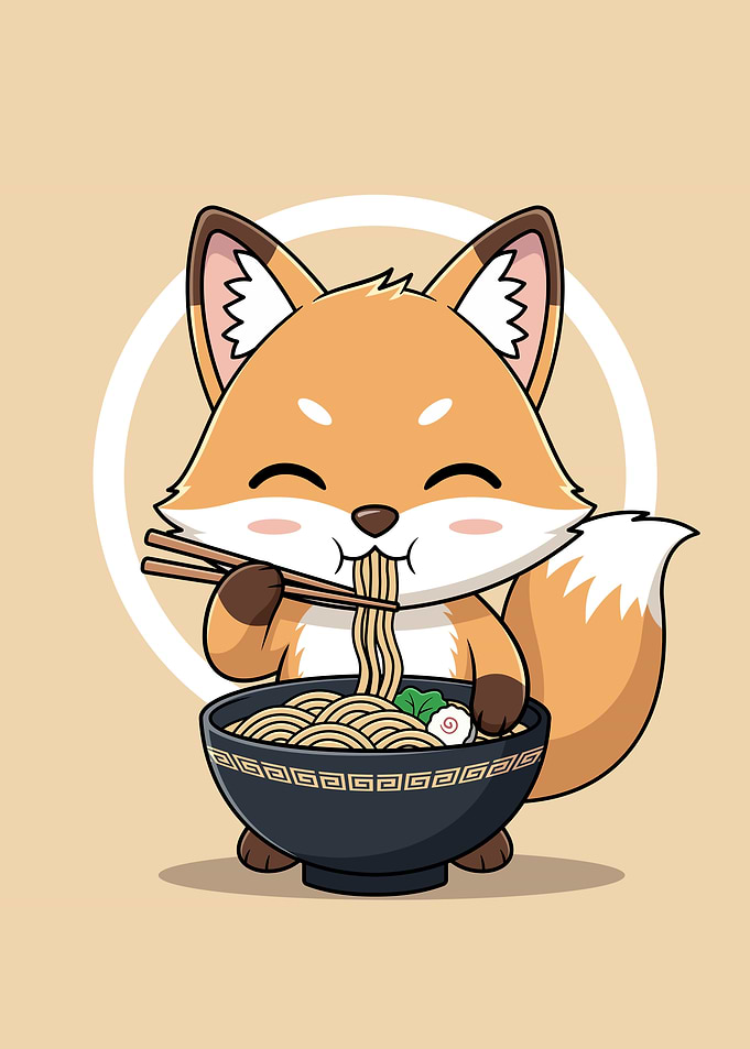 Cute Fox Eating Ramen Illustration