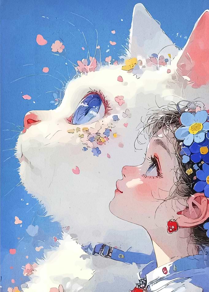 Girl and Cat with Flowers
