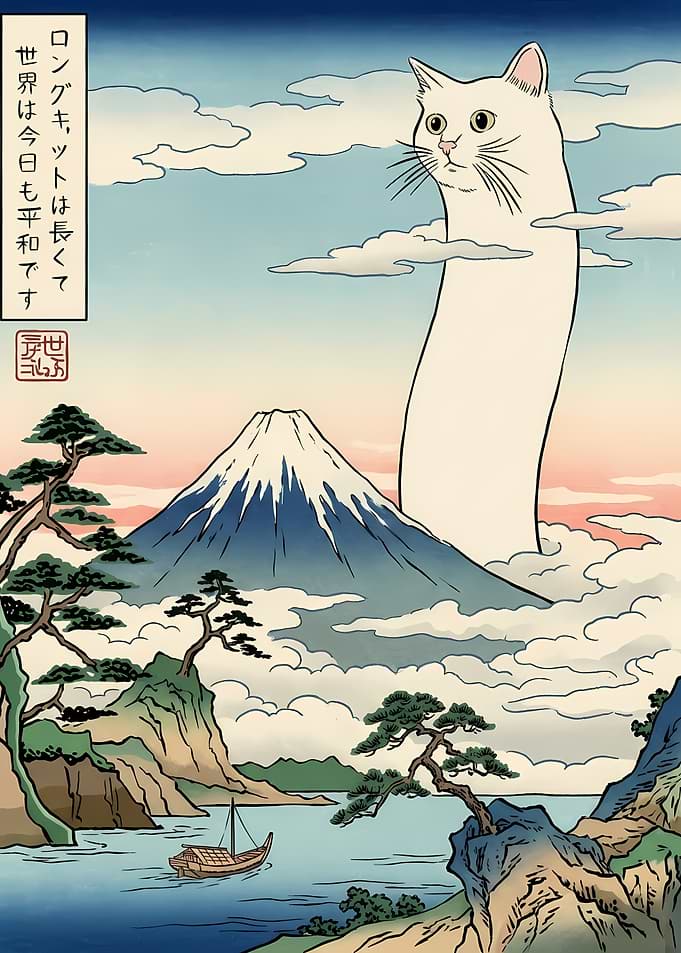 Long Cat Ukiyo-e Style Art