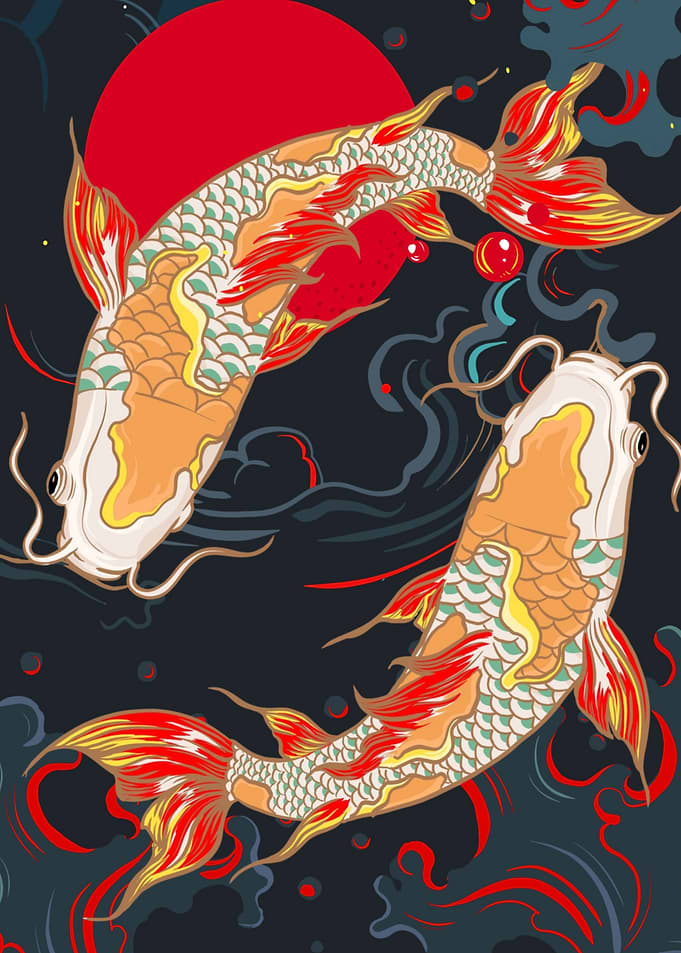 Koi Fish Illustration with Red Sun