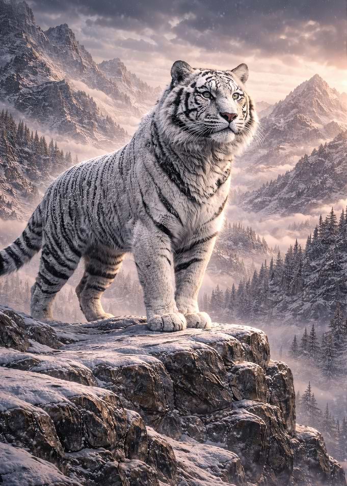 Majestic White Tiger in Mountain Landscape