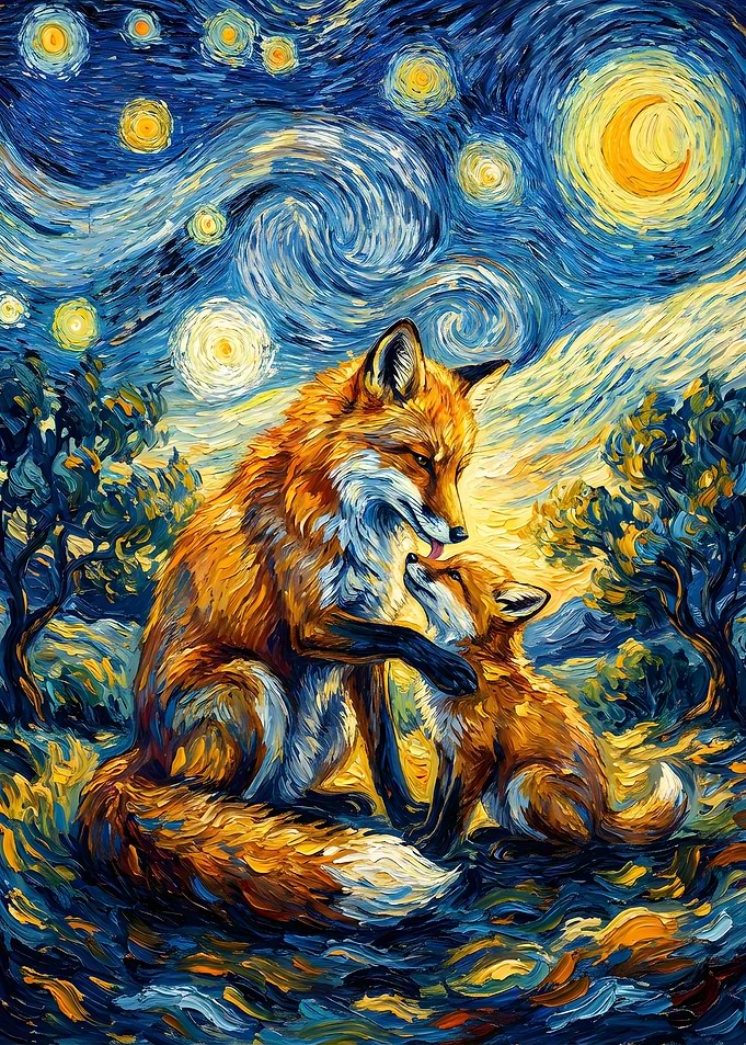 Foxes Under Starry Night Painting