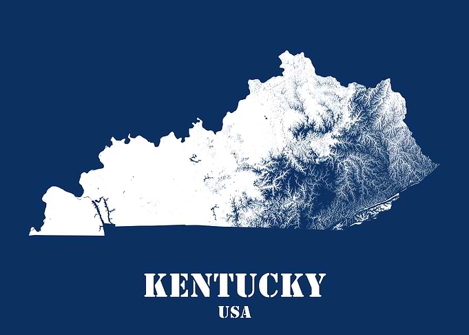 Kentucky USA State Minimalist White Topographic Contour Relief Map featuring terrain on navy blue background