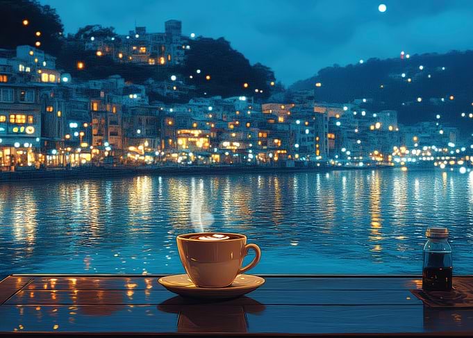 Coffee cup with city lights background