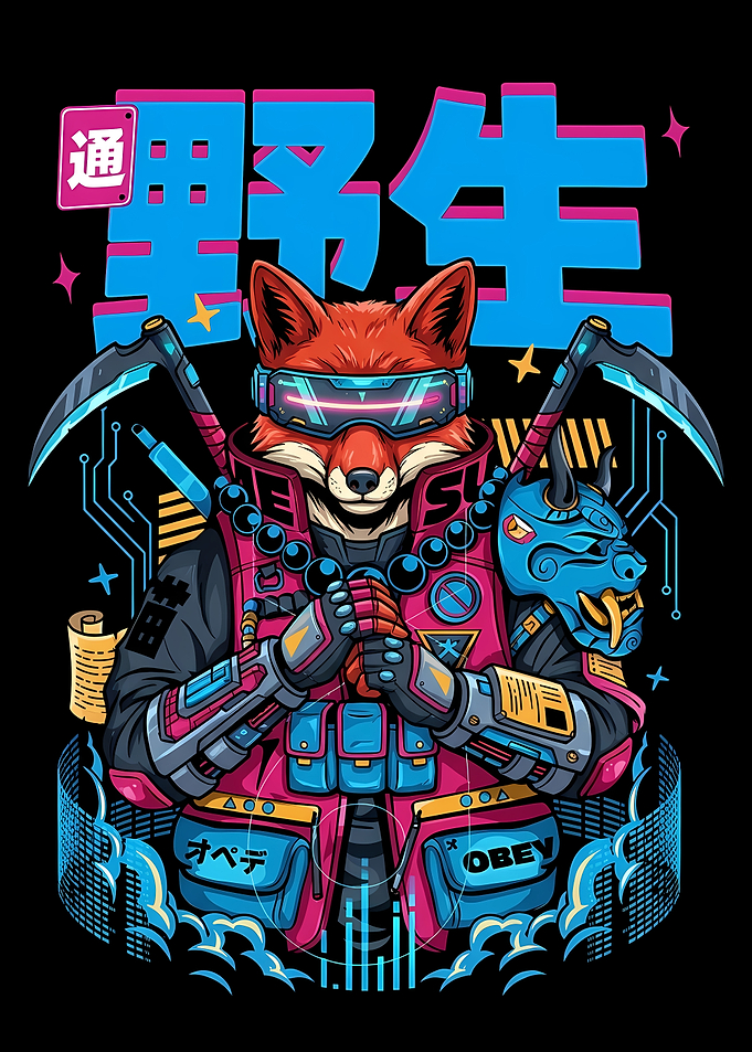 Cyberpunk Fox Warrior with Oni Mask