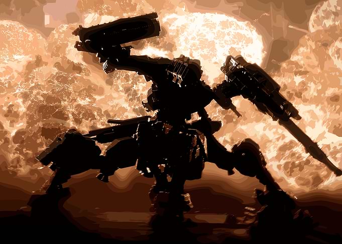 Mechanical Walker Silhouette Against Explosion