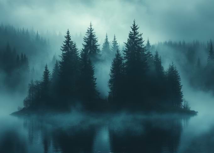 Misty Forest Lake Landscape