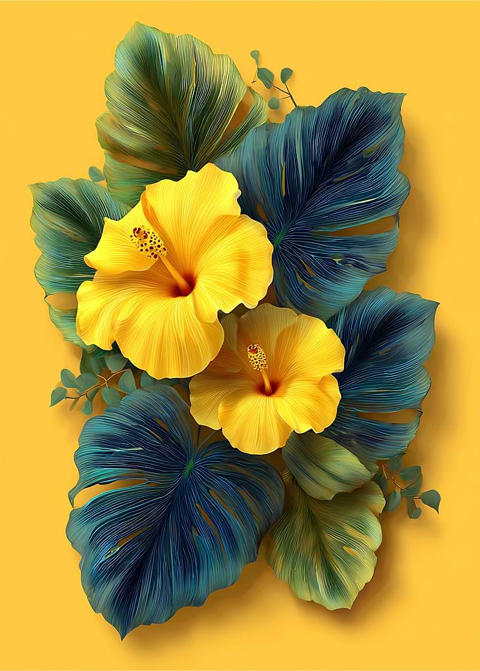 Yellow Hibiscus Flowers and Blue Monstera Leaves