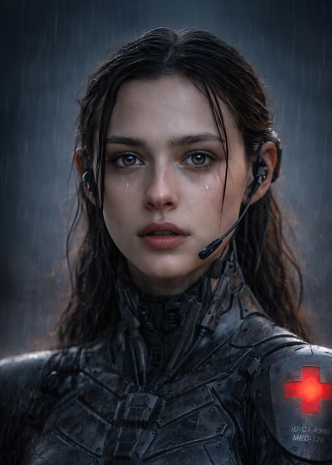 Crying Futuristic Combat Medic . Cinematic Sci-Fi Portrait