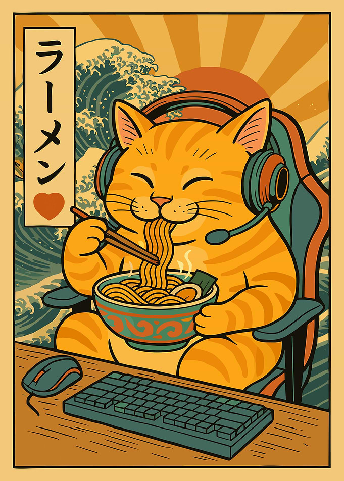 Gaming Cat Ramen Poster, Cute Anime Gamer Wall Art, Japanese Wave Cat Illustration Print