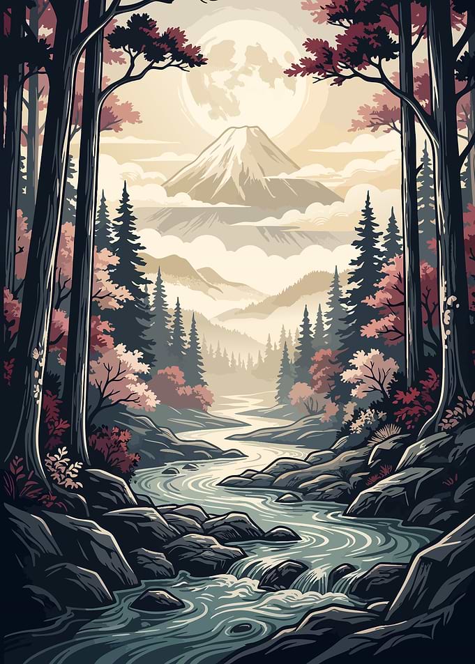 Mountain River Landscape with Full Moon
