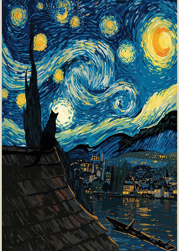 Cat on Roof Starry Night Painting