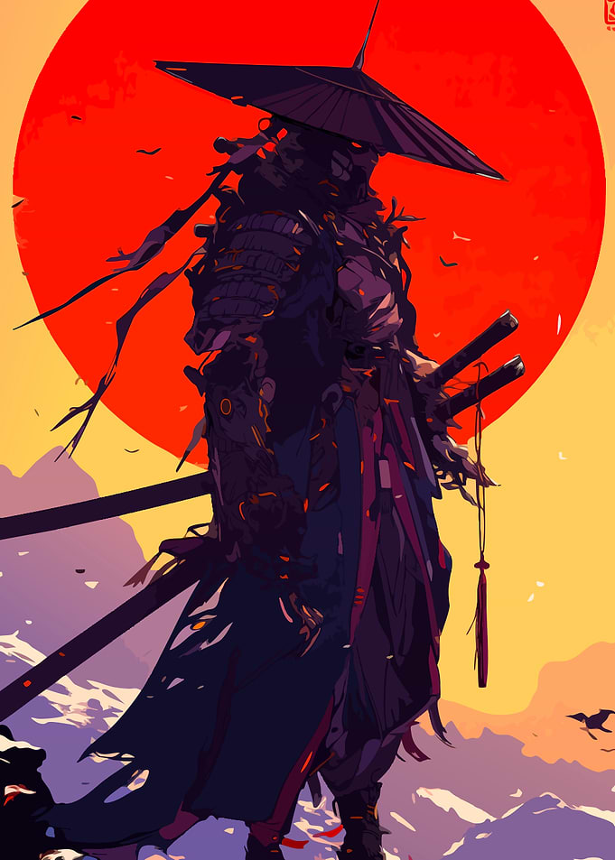 Samurai Warrior with Red Sun Backdrop