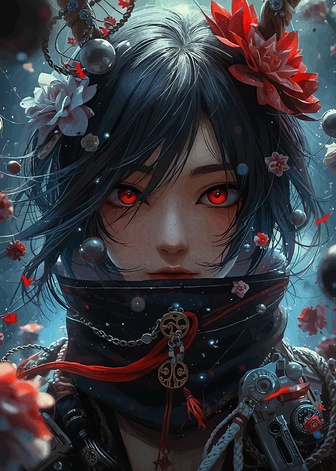 Anime Girl with Red Eyes and Flowers