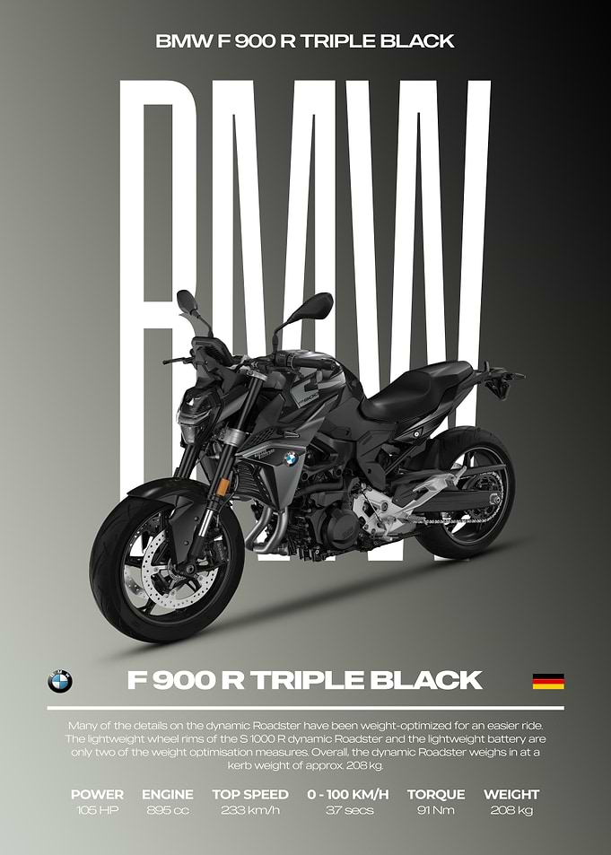 BMW F 900 R Triple Black Motorcycle Poster