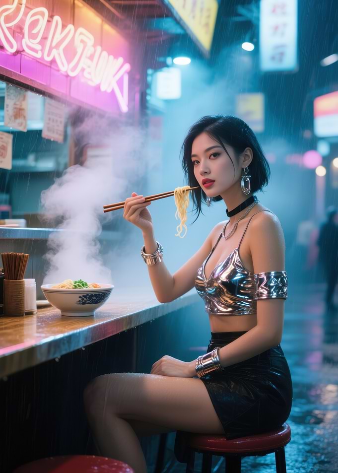 Asian Woman Eating Ramen in Neon City