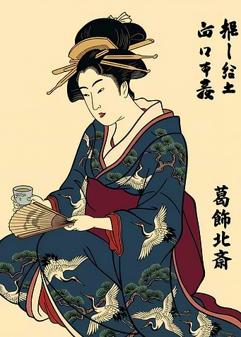 Ukiyo-e Style Geisha with Fan and Tea