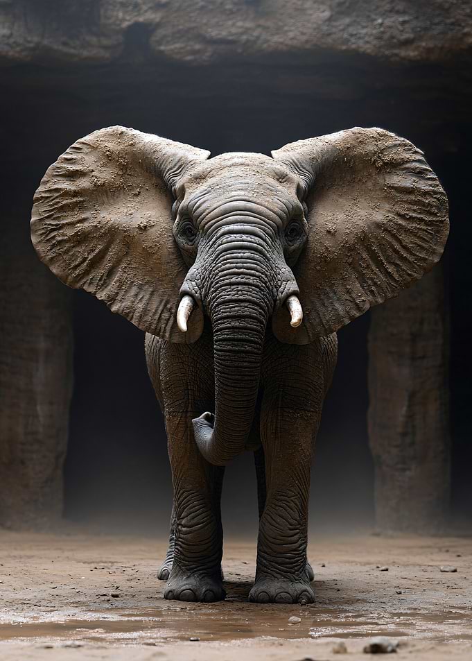 Elephant portrait in a cave