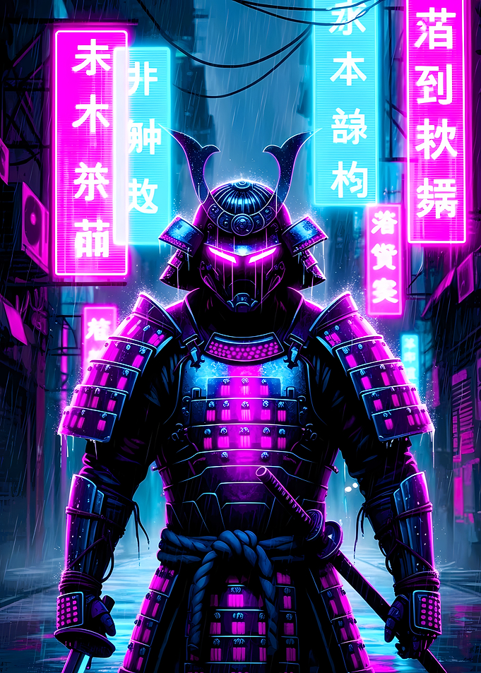 Cyberpunk Samurai in Neon Cityscape