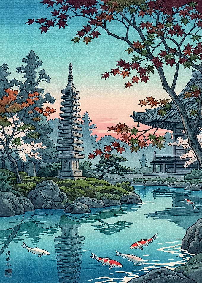 Japanese Garden with Pagoda and Koi