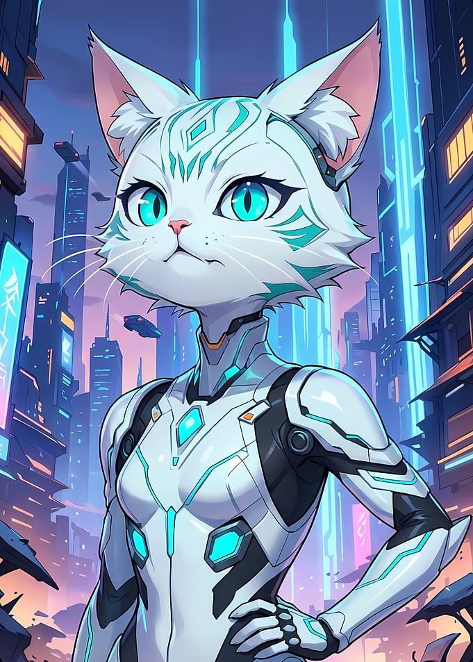 Cyberpunk Cat Character in Futuristic Cityscape