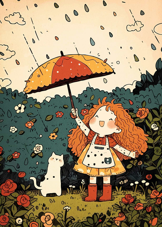 Girl with Umbrella and Cat in Rain