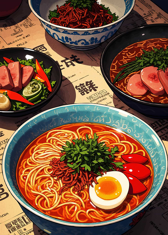 Delicious Ramen Bowls with Various Toppings