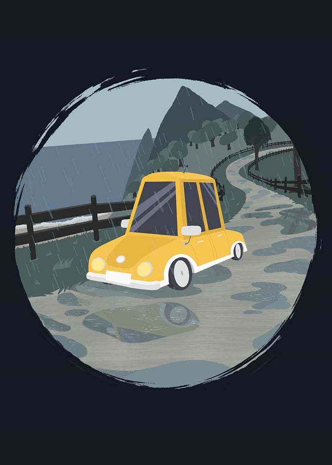 Yellow Car On A Rainy Road