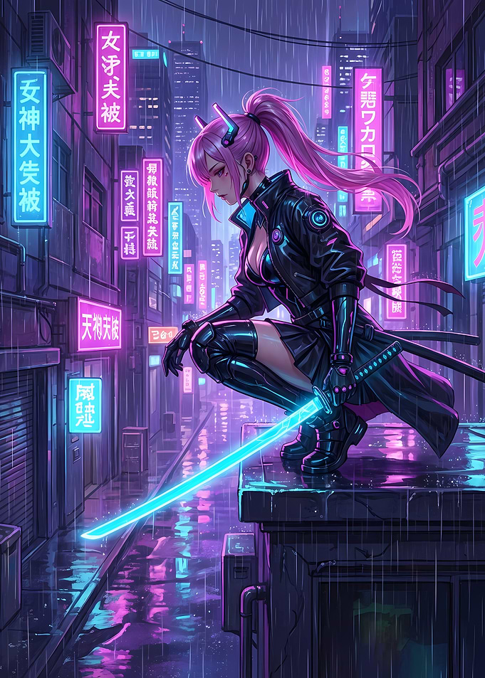 Cyberpunk Anime Girl with Neon Katana