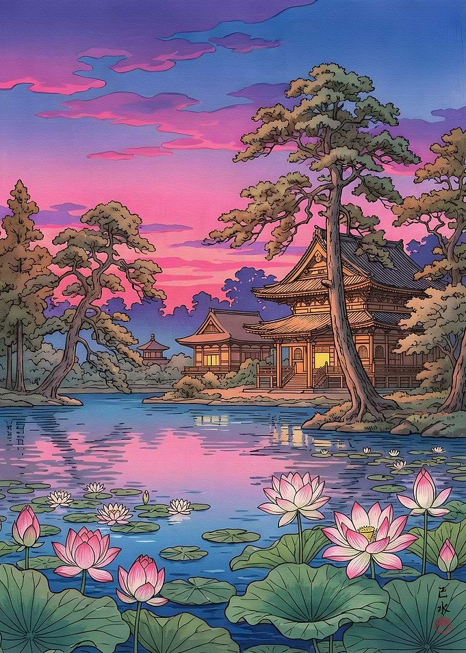 Japanese Temple and Lotus Pond at Sunset