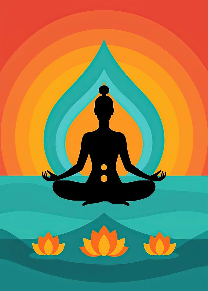 Yoga Meditation Silhouette with Lotus Flowers