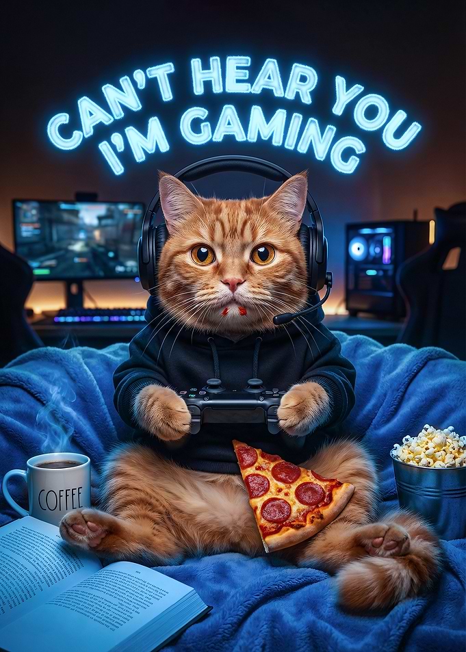 Gamer Cat with Pizza and Coffee