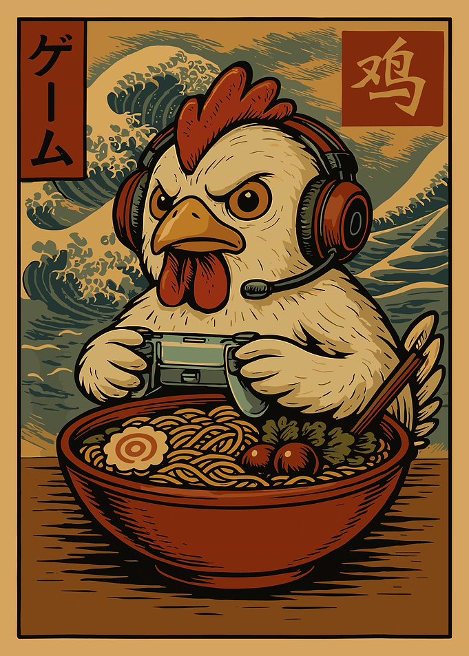 Gaming Chicken Ramen Poster, Japanese Style Gamer Wall Art, Retro Anime Food Illustration