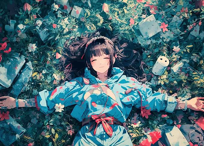 Anime Girl Lying in Flowers