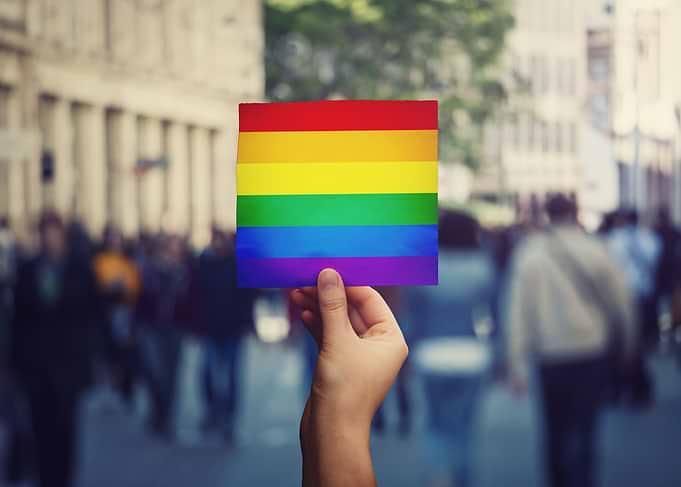 Rainbow flag held in a crowd